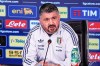Italy's head coach Gennaro Gattuso gestures during the Italian team press conference in Florence, Italy, Monday, March 23, 2026. (Lapresse via AP)