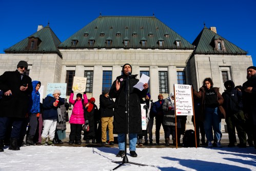 People congregate outside the Supreme Court of Canada as the court hears appeals regarding Quebec’s secularism law (Bill 21) in Ottawa on Monday, March 23, 2026. THE CANADIAN PRESS/Sean Kilpatrick