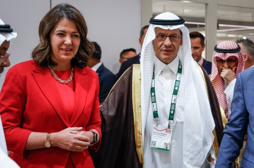 Alberta Premier Danielle Smith, left, tours the Saudi Arabia pavilion with Saudi Arabia Minister of Energy Abdulaziz bin Salman Al Saud at the World Petroleum Congress  in Calgary on Monday, Sept. 18, 2023. THE CANADIAN PRESS/Jeff McIntosh