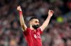 Liverpool's Mohamed Salah celebrates scoring his side's fourth goal during the second leg of the Champions League round of 16 soccer match between Liverpool and Galatasaray, in Liverpool, England, Wednesday, March 18, 2026. (Peter Byrne/PA via AP)