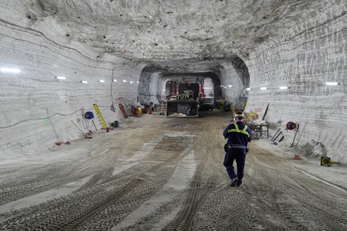 George Campbell, maintenance supervisor, walks down an incline in the shop at the Cargill salt mine on Whiskey Island in Cleveland, Ohio, Thursday, March 19, 2026. (AP Photo/Sue Ogrocki)
