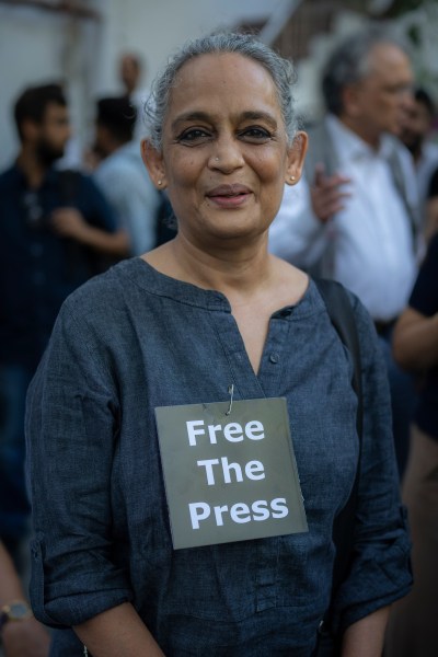 FILE - Writer and activist Arundhati Roy participates in a protest at the press club of India in New Delhi, India, Oct. 4, 2023. (AP Photo/Altaf Qadri, File)