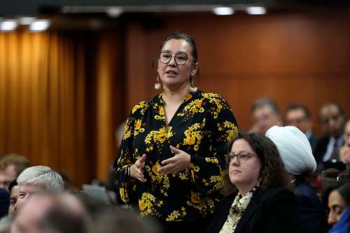Minister of Indigenous Services Mandy Gull-Masty rises during question period in the House of Commons on Parliament Hill in Ottawa on Tuesday, Feb. 24, 2026. THE CANADIAN PRESS/Justin Tang