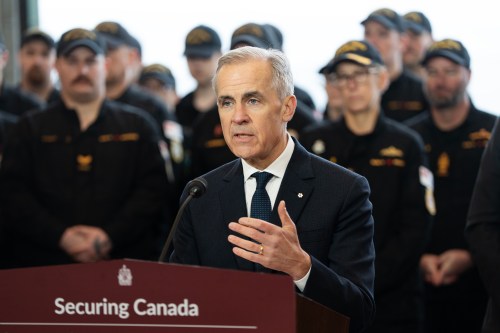 Prime Minister Mark Carney makes an announcement aboard HMCS Margaret Brooke at HMC Dockyard Halifax, in Halifax on Thursday, March 26, 2026. THE CANADIAN PRESS/Darren Calabrese