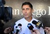 San Diego Padres general manager A.J. Preller answers a question before an opening-day baseball game against the Detroit Tigers, Thursday, Mar. 26, 2026, in San Diego. (AP Photo/Denis Poroy)