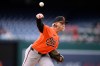 Baltimore Orioles pitcher Shane Baz (34) throws during the first inning of an exhibition baseball game against the Washington Nationals, Monday, March 23, 2026, in Washington. (AP Photo/Nick Wass)