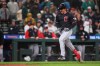 Cleveland Guardians' Chase DeLauter yells while running the bases after hitting a two-run home run against the Seattle Mariners during the 10th inning of a baseball game, Saturday, March 28, 2026, in Seattle. (AP Photo/Lindsey Wasson)