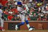 New York Mets' Bo Bichette hits an RBI single in the fifth inning of a baseball game against the St. Louis Cardinals, Monday, March 30, 2026, in St. Louis. (AP Photo/Joe Puetz)