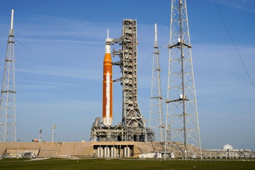 The NASA Artemis II SLS (Space Launch System) rocket with the Orion spacecraft is seen at Launch Complex 39B at the Kennedy Space Center, Tuesday, March 31, 2026, in Cape Canaveral, Fla. (AP Photo/John Raoux)