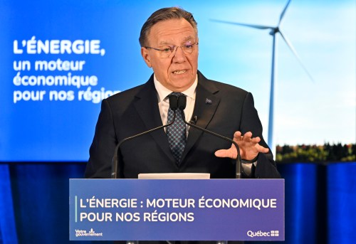 Quebec Premier François Legault makes an announcement regarding the Des Neiges wind farm project in Beaupré, Que., on Tuesday, March 31, 2026. THE CANADIAN PRESS/Jacques Boissinot.