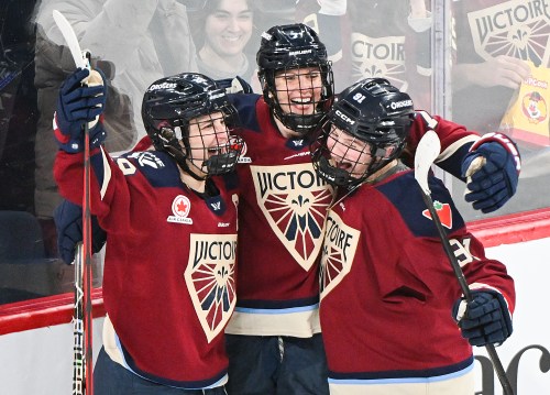 Marie-Philip Poulin (left) celebrates with teammates Laura Stacey and Maggie Flaherty after a goal against the Minnesota Frost on Sunday, March 1, 2026, at Place Bell in Laval. THE CANADIAN PRESS/Graham Hughes