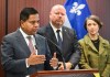 Minister of Public Safety Gary Anandasangaree, left, speaks during a press conference on the federal firearm compensation program in Montreal, Saturday, Jan. 17, 2026, as Quebec Minister of Public Security Ian Lafreniere, centre, and Nathalie Provost, Secretary of State (Nature) look on. THE CANADIAN PRESS/Graham Hughes