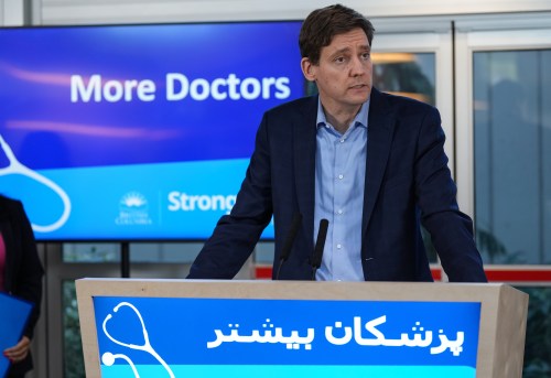B.C. Premier David Eby speaks during an announcement about the expansion of a program that assists internationally educated doctors in obtaining a licence to practice in the province, in Richmond, B.C., on Sunday, Nov. 27, 2022. THE CANADIAN PRESS/Darryl Dyck
