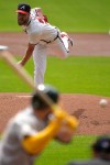 Atlanta Braves pitcher Chris Sale (51) deleivers against the Athletics in the first inning of a baseball game, Wednesday, April 1, 2026, in Atlanta. (AP Photo/Mike Stewart)