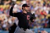 Cleveland Guardians starting pitcher Gavin Williams throws to the plate during the first inning of a baseball game against the Los Angeles Dodgers, Wednesday, April 1, 2026, in Los Angeles. (AP Photo/Mark J. Terrill)