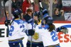 Toronto Sceptres F Claire Dalton, lt, celebrates with F Blayre Turbull, midd, and F Maggie Connors her winning goal against the Ottawa Charge during third period PWHL Takeover Tour hockey action in Calgary, Ab., Wed., Apr. 1, 2026. THE CANADIAN PRESS/Larry MacDougal