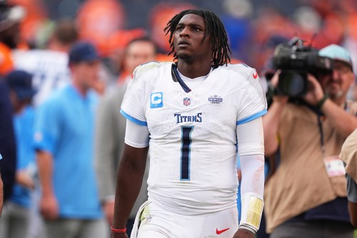FILE - Tennessee Titans quarterback Cam Ward (1) in the second half of an NFL football game, Sept. 7, 2025, in Denver. (AP Photo/David Zalubowski, File)