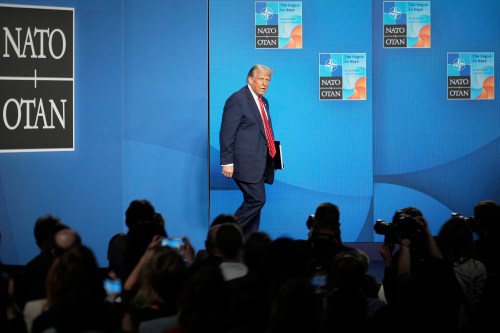 President Donald Trump arrives for a press conference after the plenary session at the NATO summit in The Hague, Netherlands, Wednesday, June 25, 2025. (AP Photo/Markus Schreiber)