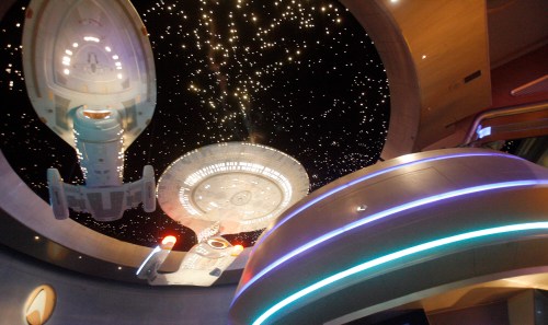 FILE - Model ships hang at the entrance to the Star Trek Experience at the Las Vegas Hilton in Las Vegas on Aug. 25, 2008. (AP Photo/Isaac Brekken, File)