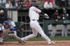 Chicago White Sox's Munetaka Murakami (5) hits a two-run home run during the sixth inning of a baseball game against the Toronto Blue Jays, Saturday, April 4, 2026, in Chicago. (AP Photo/Erin Hooley)