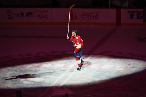 Florida Panthers left wing Matthew Tkachuk skates on the ice after being named the first star of the game after an NHL hockey game against the Ottawa Senators, Tuesday, March 31, 2026, in Sunrise, Fla. (AP Photo/Lynne Sladky)