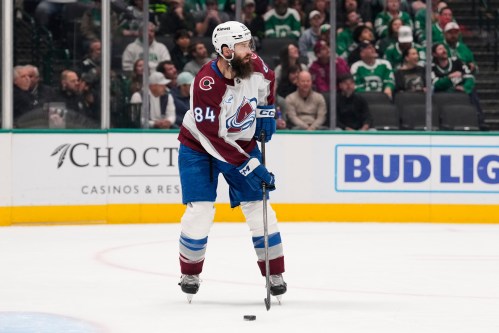 Colorado Avalanche defenseman Brent Burns skates against the Dallas Stars in the first period of an NHL hockey game Saturday, April 4, 2026, in Dallas. (AP Photo/Tony Gutierrez)