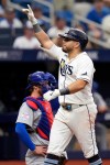 Tampa Bay Rays' Jonathan Aranda celebrates his two-run home run off Chicago Cubs pitcher Phil Maton during the seventh inning of a baseball game Monday, April 6, 2026, in St. Petersburg, Fla. (AP Photo/Chris O'Meara)