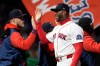 Boston Red Sox pitcher Aroldis Chapman is congratulated after a victory against the Milwaukee Brewers in a baseball game Tuesday, April 7, 2026, in Boston. (AP Photo/Robert F. Bukaty)
