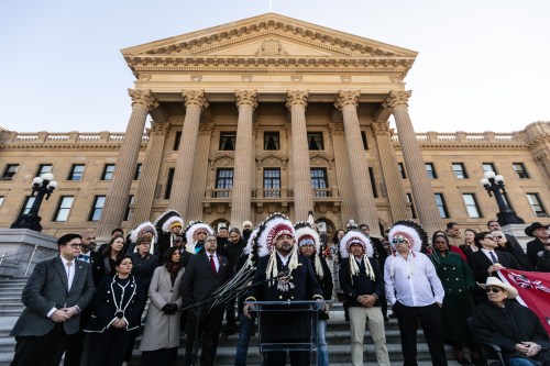 Grand Chief Trevor Mercredi speaks as First Nations chiefs, band councillors and elders gather to call on Premier Danielle Smith's government to stomp out the push for the province to leave Canada, at the Alberta legislature in Edmonton on Monday, March 9, 2026. THE CANADIAN PRESS/Jason Franson