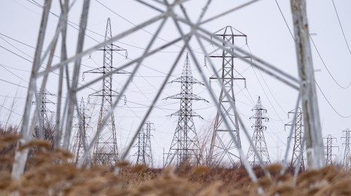 High voltage power lines are seen in Beauharnois, Que., on Monday, Jan. 27, 2025. THE CANADIAN PRESS/Christinne Muschi