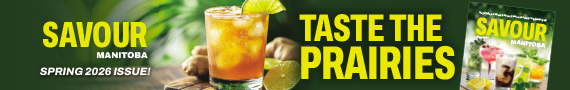 Iced drink with lime on a wooden surface beside the Savour Manitoba magazine cover.
