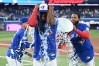 Toronto Blue Jays, from left, Myles Straw, Daulton Varsho and Jesus Sanchez celebrate their team's win over the Cleveland Guardians in MLB baseball game action in Toronto on Sunday, April 26, 2026. THE CANADIAN PRESS/Jon Blacker