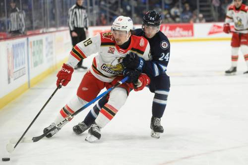 Mike Sudoma / FREE PRESS
                                Manitoba Moose forward Jacob Julien (right) battles for the puck with Grand Rapids Griffins&rsquo; John Leonard at Canada Life Centre on Friday. Julien scored his first professional goal for the Moose in the matinee clash.