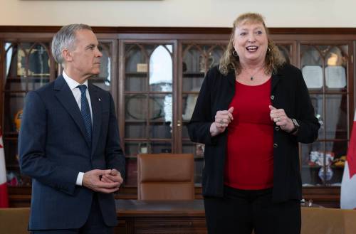 Prime Minister Mark Carney looks on as MP for Sarnia-Lambton-Bkejwanong Marilyn Gladu speaks in Ottawa, Wednesday. (Adrian Wyld / The Canadian Press)