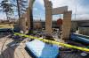 The burned out remains of an encampment at the Joseph Royal Park off of Tache Avenue next to the Provencher Bridge. (Mike Deal / Free Press)