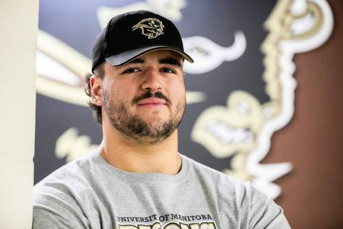 MIKAELA MACKENZIE / FREE PRESS
                                Offensive lineman Gio Vaccaro, who was named the J.P. Metras Award Winner as U Sports Lineman of the Year and first team All-Canadian for the second time back in 2024, credited the Manitoba Bisons for his success.