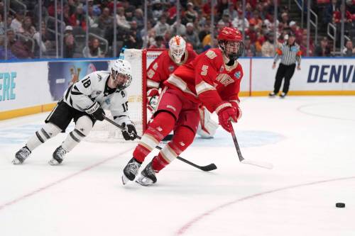 Jeff Roberson / THE ASSOCIATED PRESS FILES
                                Fresh off his NCAA Frozen Four national title with the University of Denver Pioneers, Garrett Brown (5) joins the Manitoba Moose in the hunt for the Calder Cup.