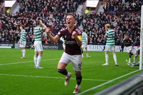 ALEX TODD / IMAGO
                                Heart of Midlothian&rsquo;s Lawrence Shankland celebrates a goal against Celtic. Hearts are currently at the top of the Scottish Premier league pack and has pulled out wins over both Old Firm teams &mdash; Celtic and Rangers &mdash; so far this season.