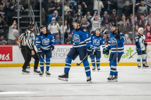 BROOK JONES / FREE PRESS
                                The Manitoba Moose host the visiting Milwaukee Admirals in Game 3 of a best-of-three play-in series in the American Hockey League Calder Cup playoffs at Canada Life Centre in Winnipeg, Man., Sunday, April 26, 2026. Pictured: Manitoba Moose right-winger Walker Duehr (No. 7) celebrates after scoring the first goal of the game in the first period.