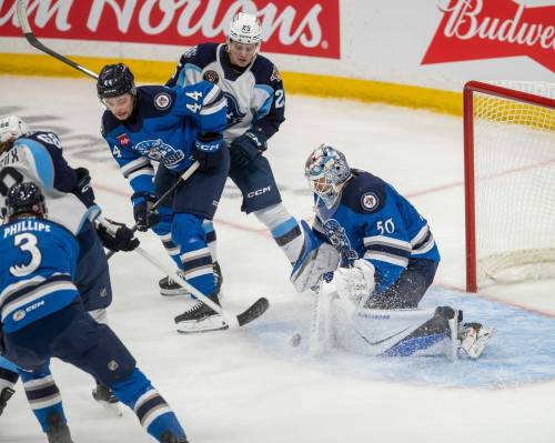 BROOK JONES / FREE PRESS
                                The Manitoba Moose will be without defenceman Elias Salomonsson (44) for the remainer of the post-season as puck drops on the Calder Cup Central Division semifinal Saturday at Canada Life Centre against the Grand Rapids Griffins.