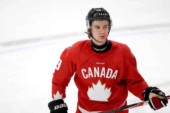 Gavin McKenna playing for Canada in an exhibition game against Sweden in 2025. (Nicole Osborne / The Canadian Press files)