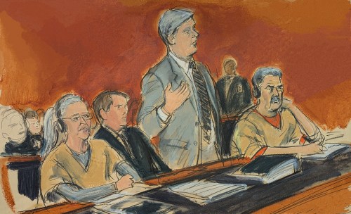 Former Venezuelan President Nicolas Maduro, far right, listens as his defense attorney, Barry Pollack, center, addresses Judge Alvin Hellerstien (not pictured), as Maduro's wife Cilia Flores, far left, looks on. Thursday, March 26, 2026, in Manhattan federal court inNew York. (Elizabeth Williams via AP)