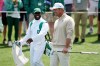 Actor Kevin Hart, left, and Bryson DeChambeau laugh during par-3 contest ahead of the Masters golf tournament at the Augusta National Golf Club, Wednesday, April 8, 2026, in Augusta, Ga. (AP Photo/Ashley Landis)