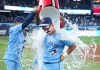 Toronto Blue Jays' Davis Schneider gets doused after defeating the Los Angeles Dodgers in MLB baseball action in Toronto on Wednesday, April 8, 2026. THE CANADIAN PRESS/Nathan Denette