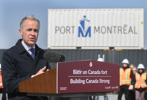 Prime Minister Mark Carney speaks during an event announcing the start of construction on the Contrecoeur terminal expansion at the Port of Montreal in Contrecoeur, Que., Thursday, April 9, 2026. THE CANADIAN PRESS/Graham Hughes