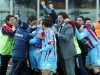 FILE - Then-Catania coach Silvio Baldini, centre right, celebrates with his players after winning the Italy Cup soccer match between Catania and Udinese, at the Massimino stadium in Catania, Italy, Wednesday, Jan. 30, 2008. (AP Photo/Tano Pecoraro, File)