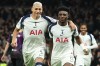 Tottenham's Mohammed Kudus, right, celebrates with Tottenham's Richarlison after scoring his sides second goal during the Champions League opening phase soccer match between Tottenham and Slavia Prague, in London, England, Tuesday, Dec. 9, 2025. (AP Photo/Richard Pelham)