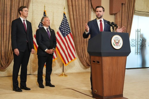 Vice President JD Vance, right, speaks during a news conference after meeting with representatives from Pakistan and Iran as Jared Kushner, left, and Steve Witkoff, Special Envoy for Peace Missions listen, on Sunday, April 12, 2026, in Islamabad, Pakistan. (AP Photo/Jacquelyn Martin, Pool)