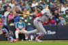 Washington Nationals' José Tena hits an RBI single during the seventh inning of a baseball game against the Milwaukee Brewers, Sunday, April 12, 2026, in Milwaukee. (AP Photo/Aaron Gash)
