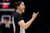 Referee Natalie Sago reacts during the first half of an NBA basketball game between the Minnesota Timberwolves and the New Orleans Pelicans, April 12, 2026, in Minneapolis. (AP Photo/Matt Krohn)
